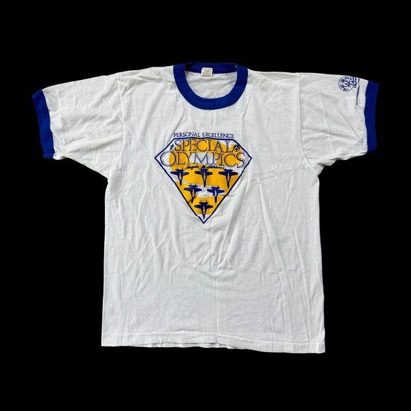 Vintage 1980s Special Olympics T Shirt Large Screen Stars USA Blue Yellow Angels - Picture 2 of 11